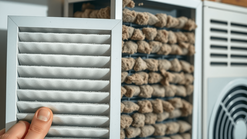 close-up of clean air filter next to dirty, clogged HVAC filter, shreveport hvac maintenance, highly detailed, informative, HVAC background, macro lens